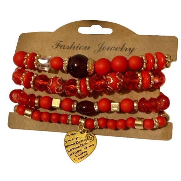 Jewelry - Bracelet Set 4 PC Handmade Boho Red Natural Stone Beaded Heart Charm 
Stackable